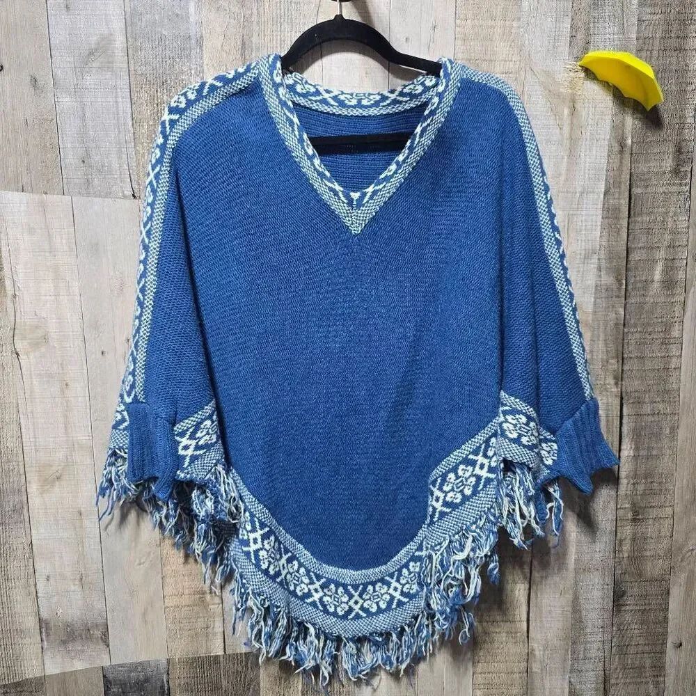 Women Tassel Fringe Poncho Cape Sweater Pullover Batwing V Neck Knitted OS